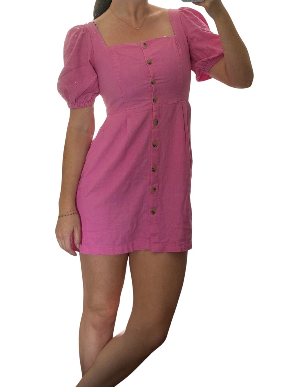 Old Navy Pink Square-Neck Button-Front Puff Sleeve Mini Dress